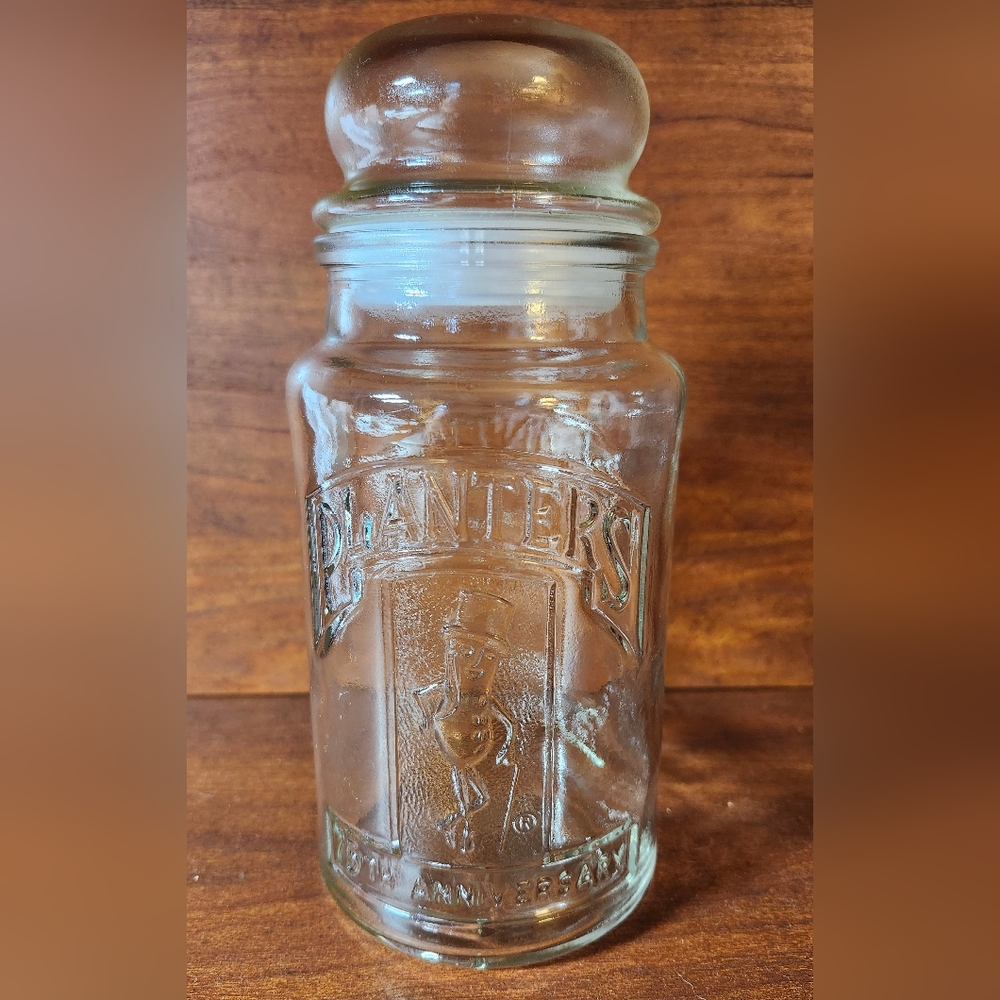 Planters 75th Anniversary Glass Peanut Jar with Lid, Vintage. 1981, 8" Tall EUC